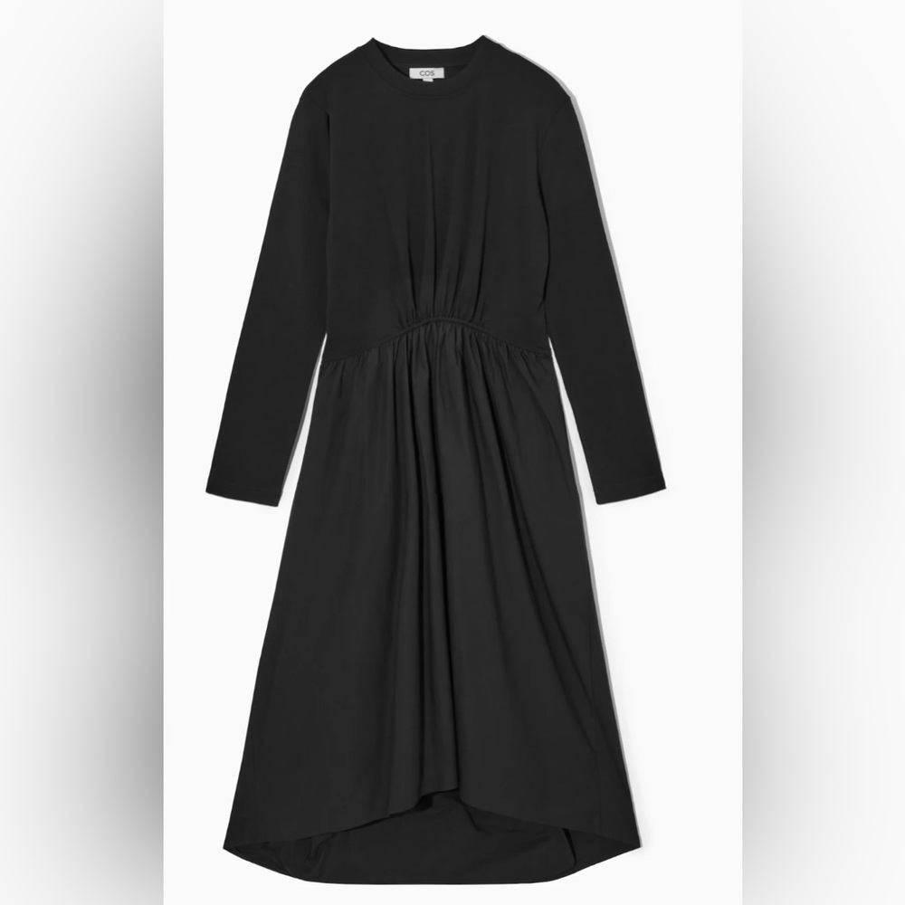 COS Black Asymmetric Gathered-Waist LS Midi Dress w/ Pockets | Size Small (NWT) - Picture 2 of 7